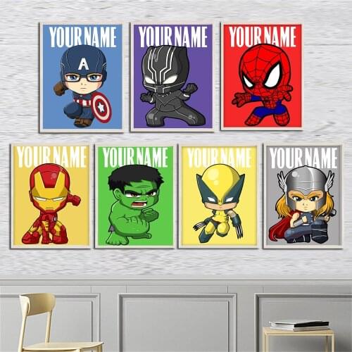 Custom Personalised AVENGERS Superheroes NAME Poster And Print Cartoon Marvel Canvas Painting Home Decoration Kids Birthday Gift
