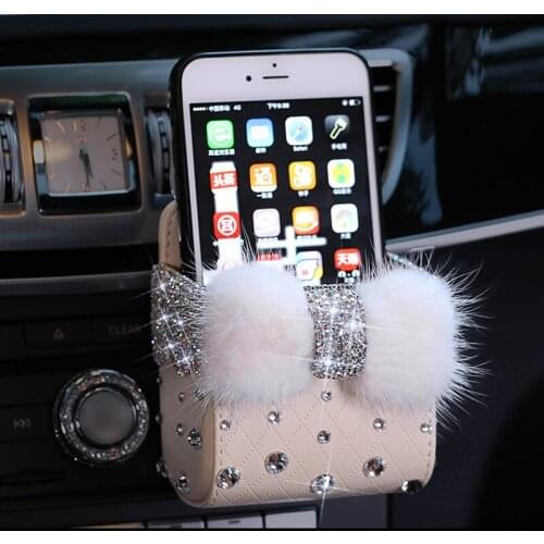 Luxury fur Crystal Car Outlet Air Vent Trash Box Auto Mobile Phone Holder Rhinestones Pouch Organizer Hanging Storage Bag
