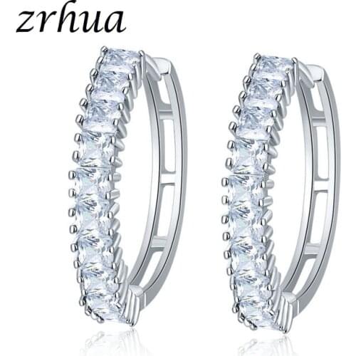 ZRHUA AAA+ Cubic Zirconia Hoop Earrings for Women Girls Shiny Crystal Wedding Bridal Brand Jewelry 925 Original Silver Brincos