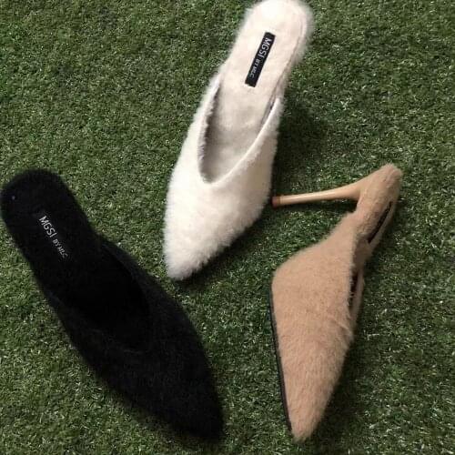 Mink hair fur slippers thin high heels 8/10cm V-open shallow slides winter women shoes solid mules pointy toe popular flip flops