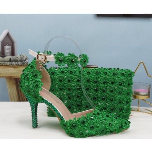 Green Lace Flower Wedding Shoe And Bag Set Pearl Heels Pointed Toe Ankle Strap Ladies Party shoe with matching bag Lace-up