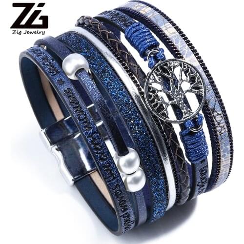 ZG Hot Bohemian Pearl Crystal Leather Bracelet Woman Pulseira Magnetic Buckle Multilayer Bracelet Women Peace Bracelet