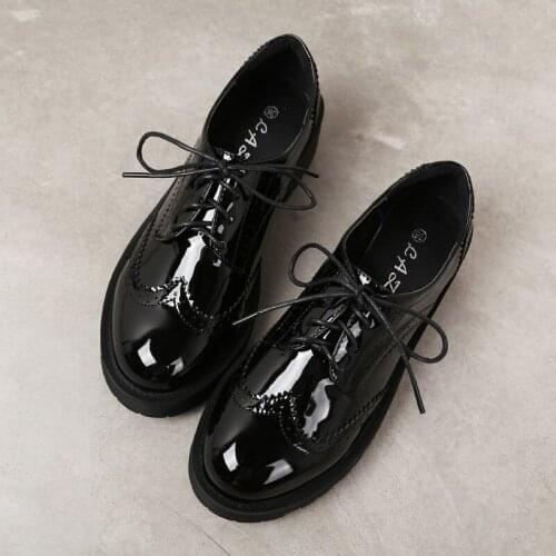 Ladies lace up fretwork brogue shoes round toe patent leather creepers cutout breathable leather espadrilles women loafers 252