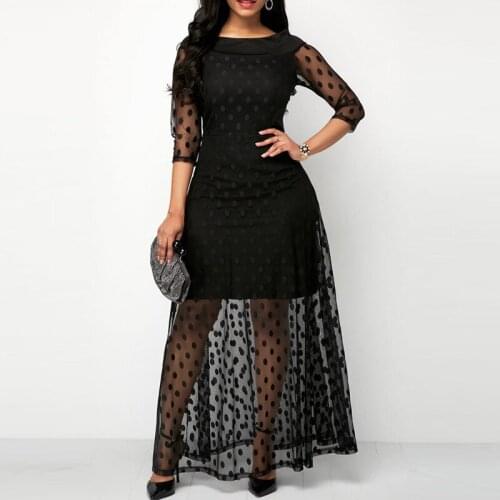 Elegant Women Polka Dot Mesh Black Three Quarter Sleeve Long Maxi Dress Party Clubwear Streetwear Transparent Sundress