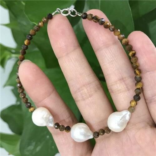 Natural Tiny Shining Tigers eye stone 3-4MM Real Big Baroque 10-11MM Pearl Bracelet 7"925 Sterling Silver clasp