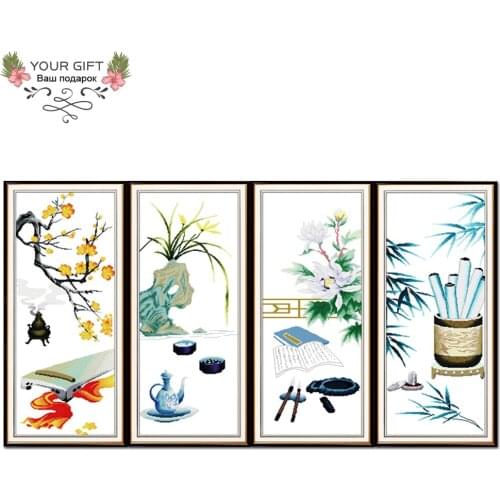 Joy Sunday Z146(1)Z147(1)Z148(1)Z149(1) Home Decor Lyre-playing Chess Calligraphy Painting China Needlework Cross Stitch kits