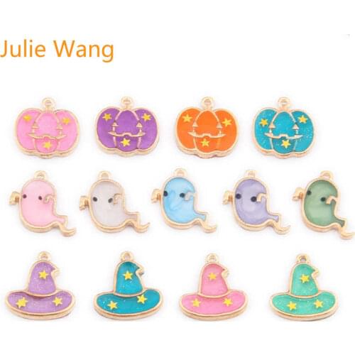 Julie Wang 10pcs Epoxy Halloween Charms Alloy Gold Tone Pumpkin Wizard Hat Ghost Pendant Bracelet Jewelry Making Accessory
