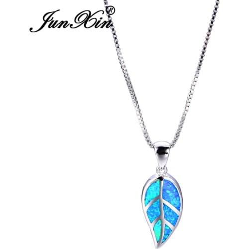 JUNXIN Brand Leaf Design Blue Opal Necklace Silver Color Necklaces Pendants For Women New Fashion Jewelry Gift