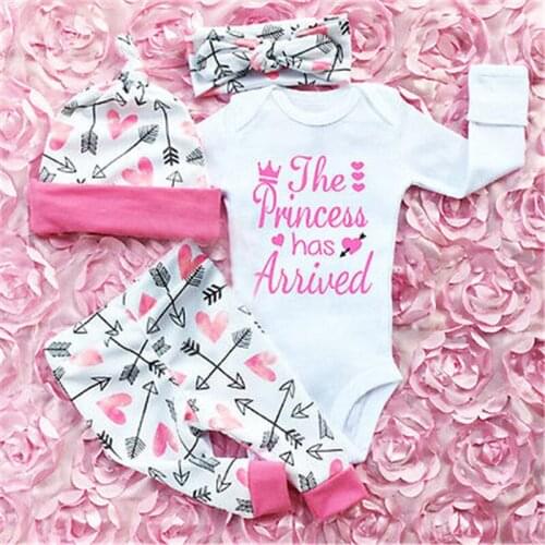 4PCS Fashion Cute Newborn Toddler Baby Girls Clothes Long Sleeve Cotton Letter Print White Romper Top Pant Hat Headband Outfits