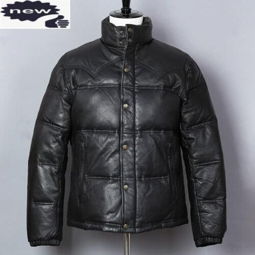 Mens Genuine Jacket Black Goatskin Slim Duck Down Winter Men Stand Collar Short Leather Coat for Male