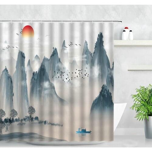 Chinese Style Landscape Shower Curtain Sun Bird Tree Mountain Water Scenery Ink Painting Waterproof Home Bathroom Decor Curtains