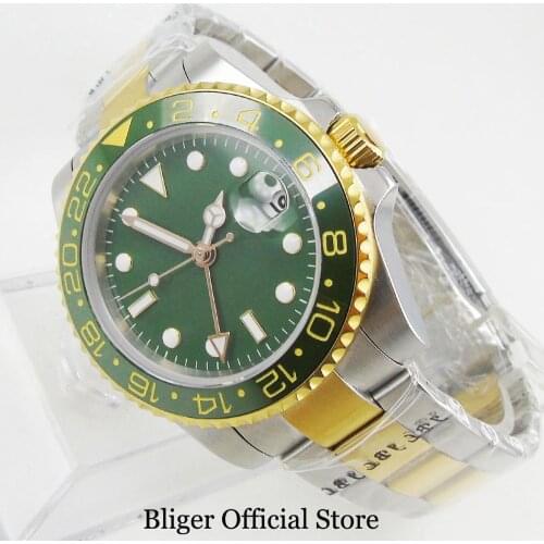 Business Style Fashional BLIGER Mens Watch Automatic Movement Gold Plated GMT Function 40mm Mental Wristwatch
