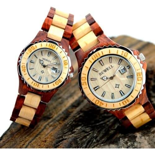 BEWELL stainless steel Mens Sandal Wooden Watches Handmade Date Display Analog Quartz Vintage Round Wood Case couple Watch
