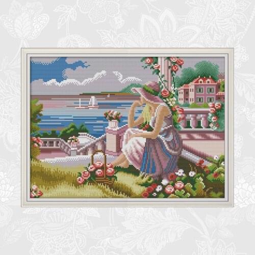 A girl looking at the sea Cross-stitch Kits Count Print on Canvas DMC Embroidery Thread Sets DIY Handmade Needlework Crafts
