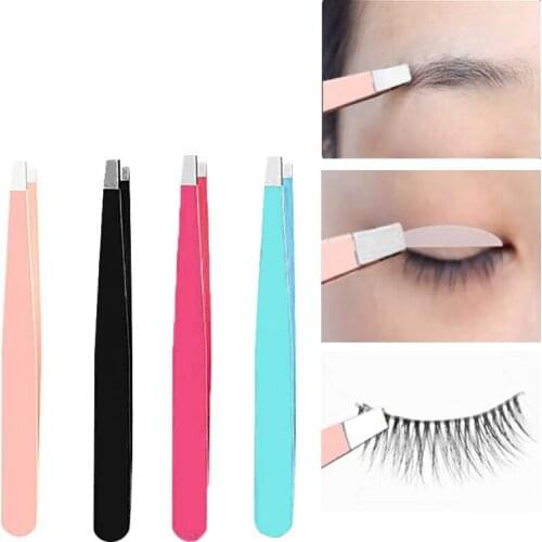 Eyebrow Tweezers Stainless Steel Colorful Tweezers Pink Slanted Black Tip Point Hair Nail Art Eyelash Tools Makeup Beauty