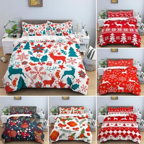 Merry Christmas Duvet Cover With Pillowcase Red Elk Pattern Quilt Cover Bedding Set 2/3Pcs Cartoon Christmas Comforter Cover