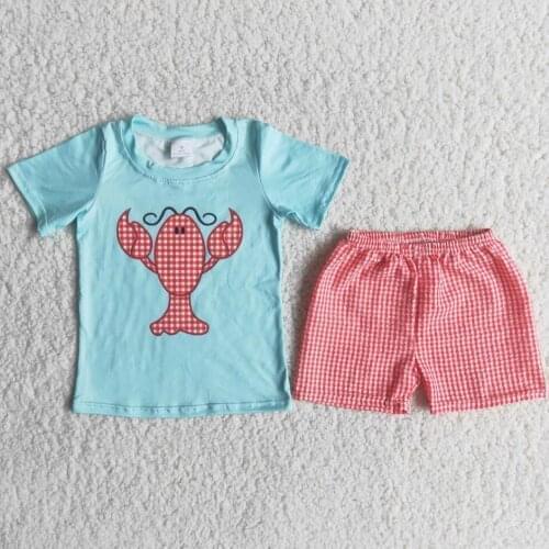 2021 crawfish print shirt match seersucker shorts summer kids boutique clothing sets boys clothes