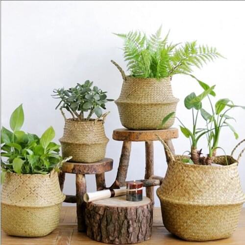 S/M/L Seagrass Wickerwork Basket Rattan Foldable Hanging Flower Pot Planter Woven Dirty Laundry Hamper Storage Basket Home Decor