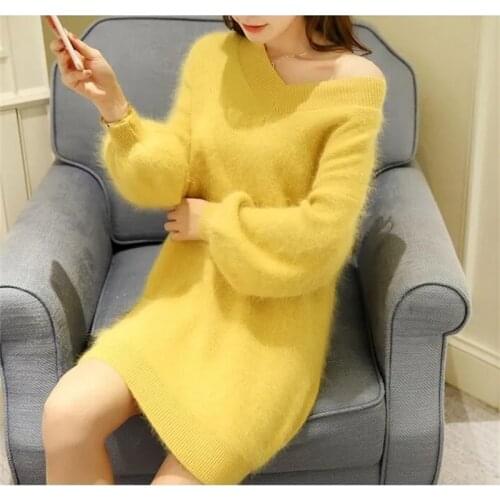 Imitation Mink Sweater Womens Pullover Spring And Autumn 2021 New Large Size Loose V-Neck Fashion Mid-Long Sweater Dress Femme