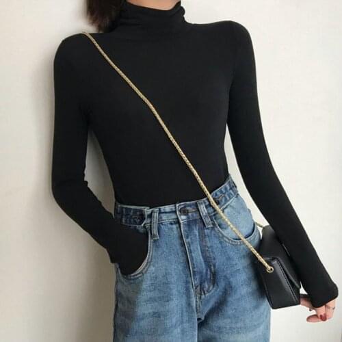 High Collar Loose Long Sleeve T-Shirt Female Simple Solid Color Tshirt Bottoming Casual Women Tee Top