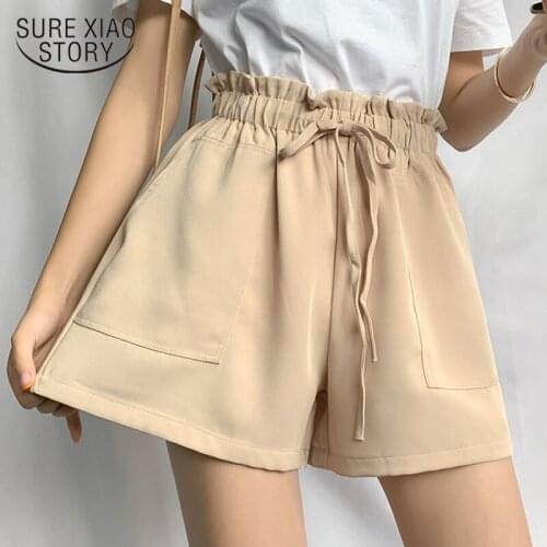 2020 Summer New Korean Cargo Wide Leg Chiffon Shorts Female Pockets M-2XL Loose High Waist Shorts for Women Apricot Black 9650