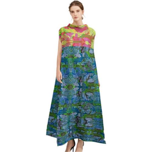 Women Dress 2020 New Spring High collar Print Colorblock Long Pleated Dress Women Vintage Slim Was Thin Office Lady Dress