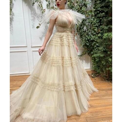 2021 Elegant Champagne Evening Dresses V Neck Tiered Long Formal Evening Party Dress Robe De Soiree