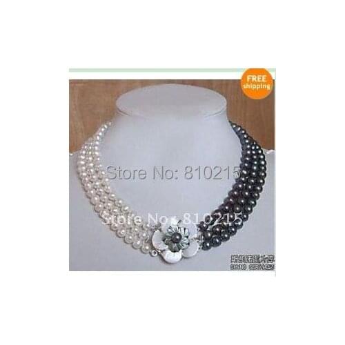 Classic!3Rows Pearl Necklace 18''-20''Inchs AA 7-8MM White & Black Genuine Freshwater Pearl Necklace Wholesale New Free Shipping