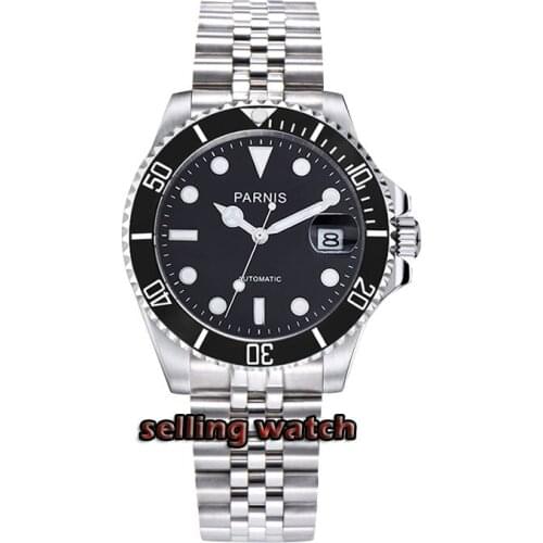 New Parnis 40mm Black Ceramic Bezel Mens Automatic Mechanical Watch Diving Steel Miyota 8215 Movement Mens Watches