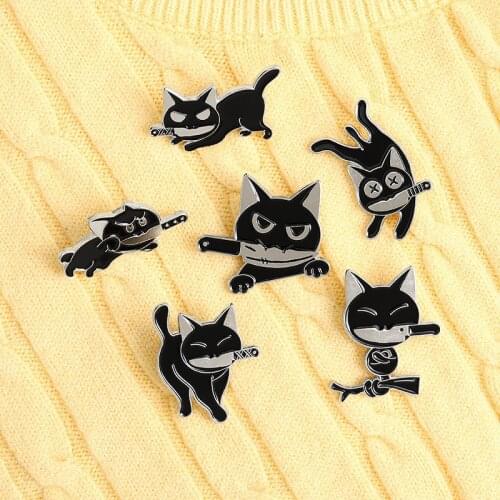 Black cat hanging upside down on the tree Enamel Pins Kitten Knife Badge for Lapel Pin Brooches Jewelry Gifts for Friend Kids