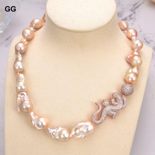 GG Jewelry 19" 17x18MM Pink Keshi Pearl Necklace Lizard CZ Pave Pendant