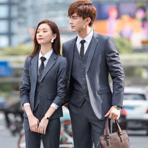 IZICFLY Spring Autumn New Style gray business colleague lovers couple men women suits with pant Office Ladies Uniform Work Wear