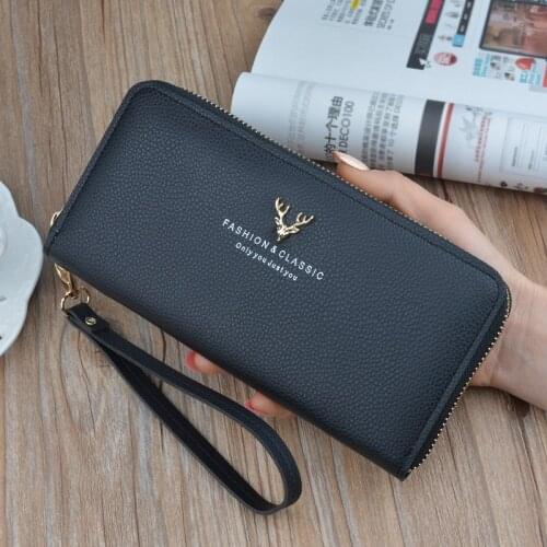 Womens Wallet Zipper Pu Leather Deer Head Long Coin Pursrs Female Solid Color Wristband Card Holder Clutch Money Clip
