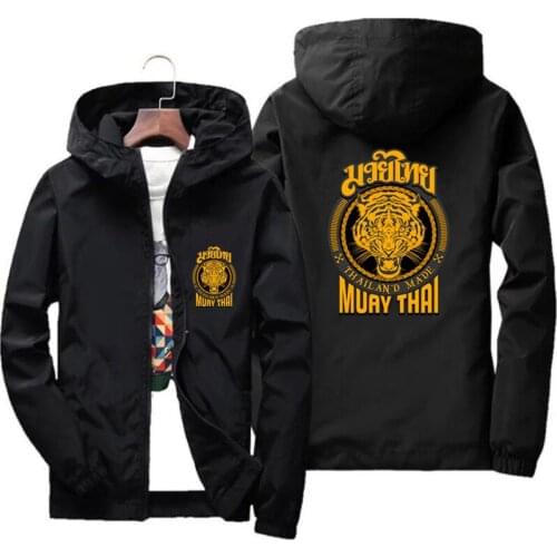 Muay Thai Tiger Thailand Boxinger Bomber Jackets Mens Casual Windbreaker Thin Zipper Hooded Slim Fit Pilot Coat Jacket Black