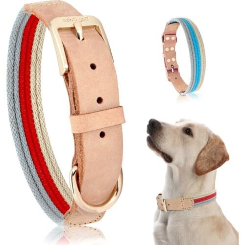 Dog Collar Genuine Leather Polyester Webbing Small Medium Large Dog Collars Comfortable Durable Pet Collars for Dogs Blue Red