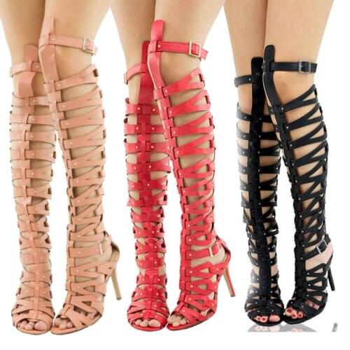 Super cool fashion hollow buckle over knee Roman gladiator sandal boots large size blue gold white black red nude brown colors