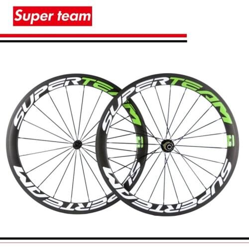 SuperTeam 700C road bicycle wheelset chinese carbon wheels 50mm clincher wheel with green decal