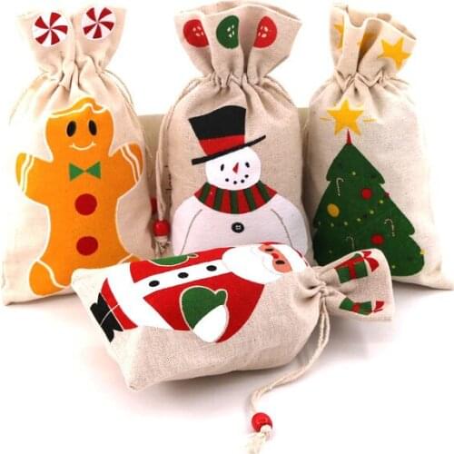 10PCS/Packs Santa Claus Snowman Snowflake Christmas Tree Gift Candy Wrapping Cotton Linen Bag Christmas Gift Bag