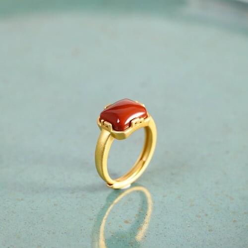 Square Geometric Adjustable Ring Womens Natural Agate Jewelry 100% Real 925 Silver Gold Plated Ring Wedding Jewelry