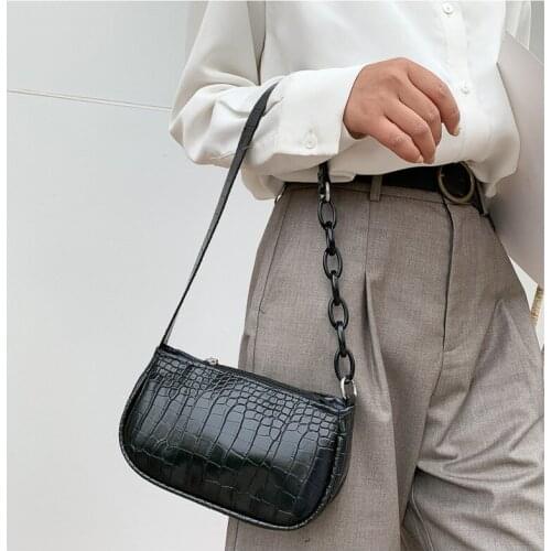 Spring New Retro Baguette Bag for Women Chain Shoulder Bag Stone Grain PU Zipper Crossbody Bag