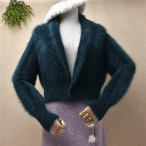 Female women autumn winter hairy plush mink cashmere knitwear loose cropped short style cardigans angora fur jacket coat sweater