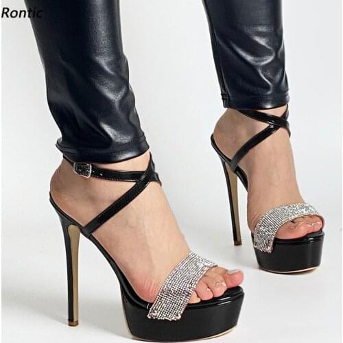 Rontic 2021 Women Platform Sandals Rhinestone Sexy Stiletto Heels Open Toe Gorgeous Red Black Night Club Shoes Size 34 45 47 52