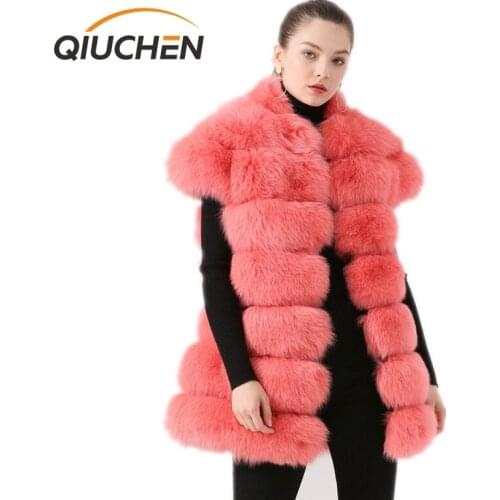 QIUCHEN PJ19073 2021 New arrival real fox fur women winter long vest Fashion model with short sleeves Free shipping Thick furs