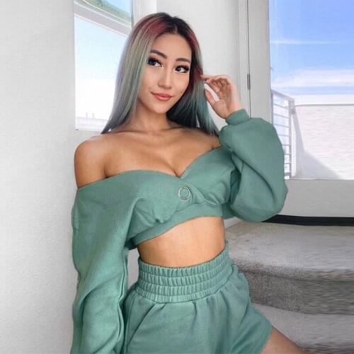 Women Tops 2021 Autumn New Womens Fashion Sexy V-neck Low-breasted Long-sleeved T-shirt Casual Shorts Set Women Clothing