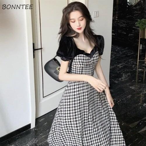 Dresses Women V-Neck Short Puff Sleeve Summer Patchwork Abdomen Chic High Waist French Ulzzang Stylish Elegant Female Vestidos