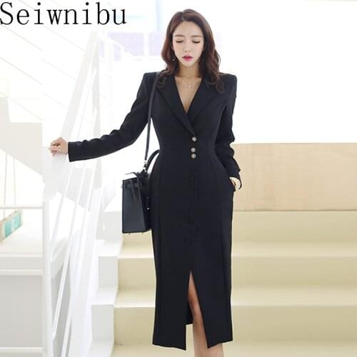 2019 New Women OL Work Blazer Dress Notched Collar Long Sleeve Single-Breasted Business Dress Office Lady Sexy Split Midi Dress