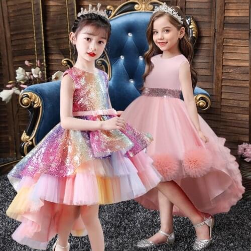 2021 New Year Girl Dress Sleeveless Princess Trailing Girl in Pink Dress Christmas Party Kids Costume