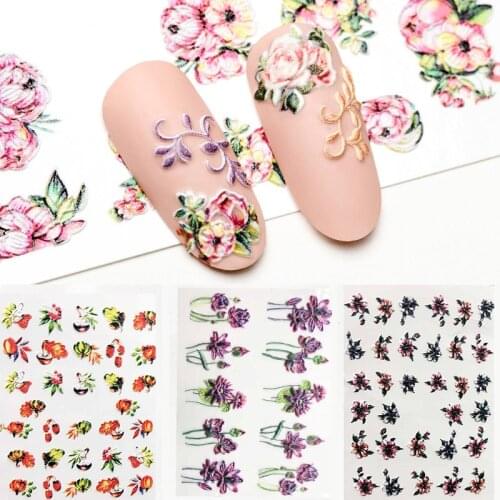 3D Acrylic Engraved Nail Sticker Winter colorful flowers birds love desgin Water Decals Empaistic Nail Water Slide Decals Z0260