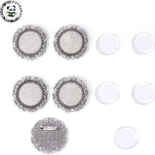5sets 25mm Transparent Glass Cabochons and Flat Round Tibetan Style Brooch Cabochon Settings Nickel Free & Lead Free