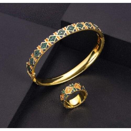 AccKing luxury Fashion African Bangle Ring Set Tribe Jewelry Sets For Women Wedding Cubic Zircon Crystal Dubai Gift